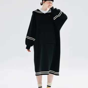imakokoni 2023 autumn new original cotton navy collar long sleeve black hoodie dress 234271