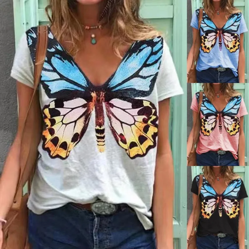 2022 Summer Butterfly Printed T Shirt Women Casual Loose Short Sleeve V-neck Tops Tee Ladies Clothing Plus Size
2022 Summer Butterfly Printed T Shirt Women Casual Loose Short Sleeve V-neck Tops Tee Ladies Clothing Plus Size