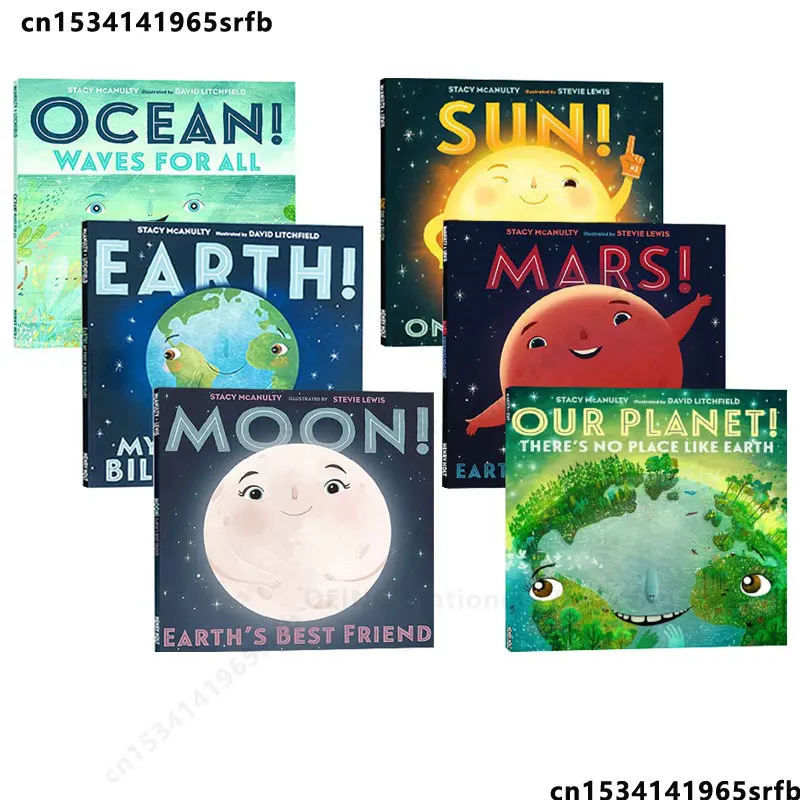 

6PCS Earth Moon Ocean Elements Sun Mars Planet of The Universe English Picture Book