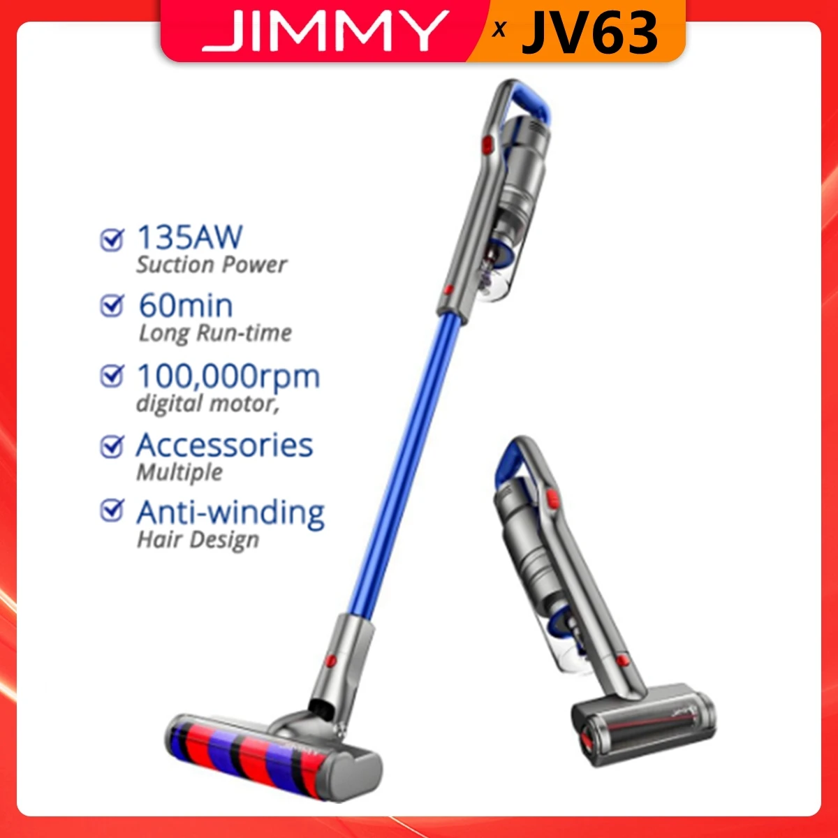 JIMMY JV63 Wireless Vacuum Cleaner For Home 20kPa 130AW 60mins Runtime Handheld Vacuum Cleaner Cordless Smart Home Appliance 
JIMMY JV63 Wireless Vacuum Cleaner For Home 20kPa 130AW 60mins Runtime Handheld Vacuum Cleaner Cordless Smart Home Appliance