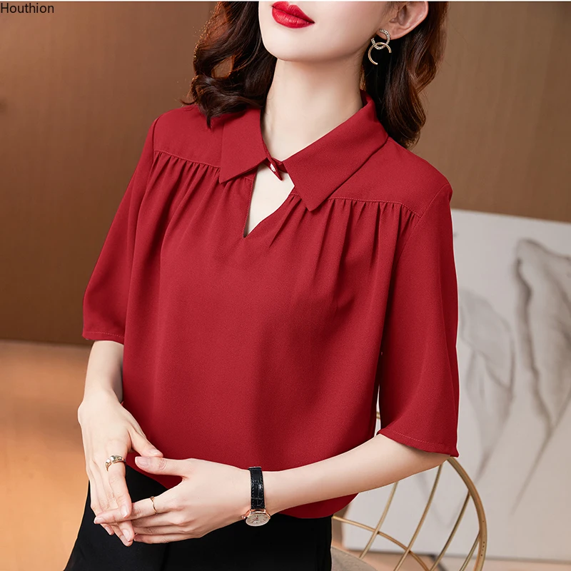 Women's Blouses Chiffon Casual Polo Shirt Korean Solid Loose Fashion Summer Lady Shirts Short Sleeve Top Houthion
Women's Blouses Chiffon Casual Polo Shirt Korean Solid Loose Fashion Summer Lady Shirts Short Sleeve Top Houthion
