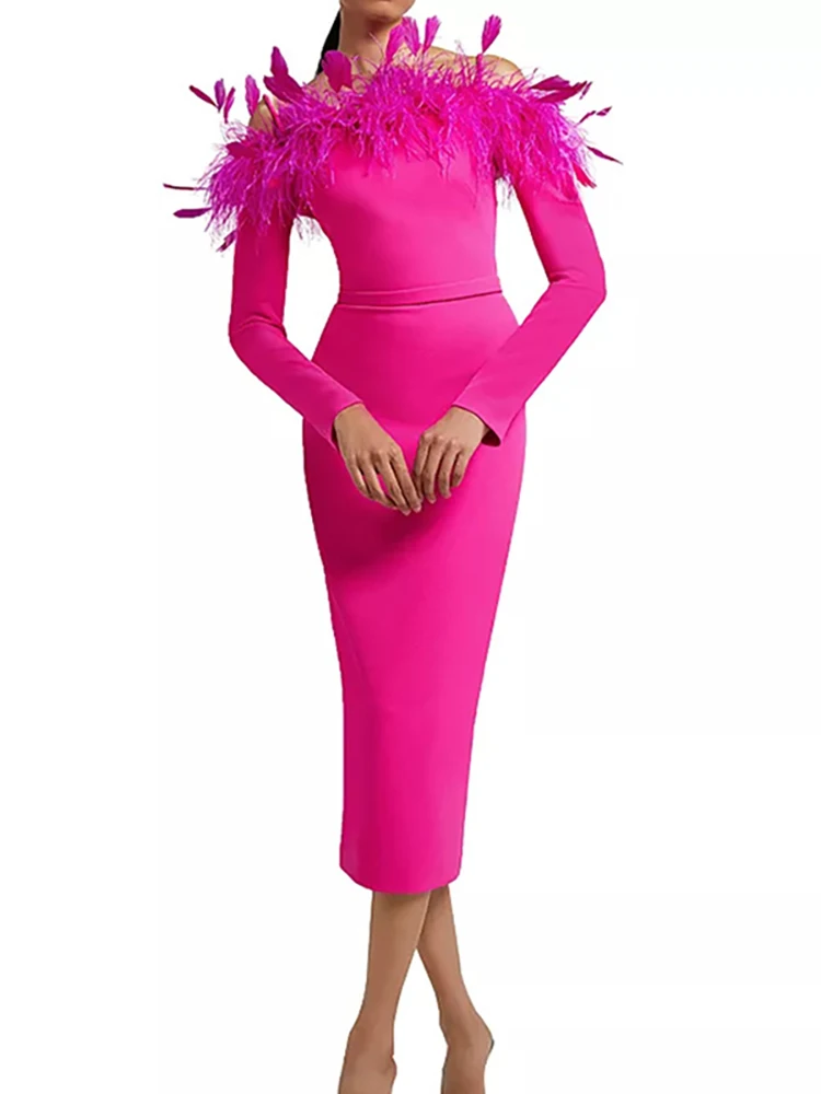 

Fashion Party Dress Summer 2023 New Women's dress Slash Neck strapless Splicing ostrich hair long skirt Women's Evening Dress