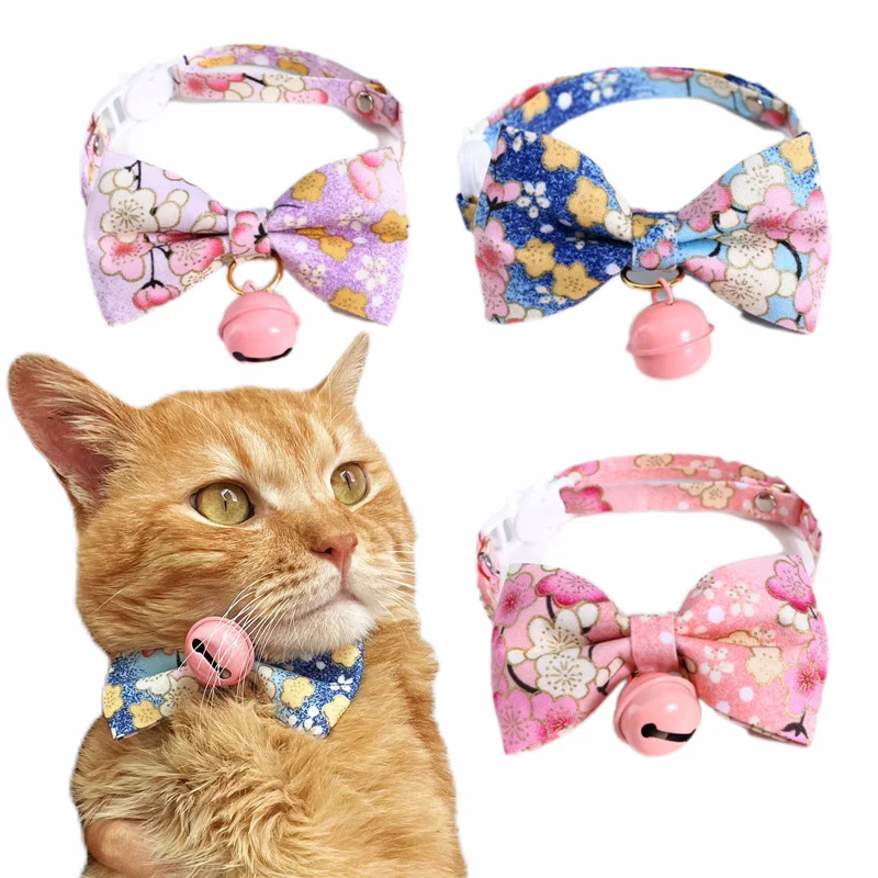 

Cherry Blossoms Bowknot Cat Collar with bell Safe Breakaway Clasp Kitten Necklace Adjustable Puppies Bowtie Pets Accessories
