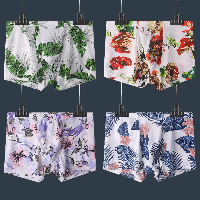 

Sexy Ultra Thin Breathable Seamless Boxer Quick Drying Ice Silk Underwear Mid Waisted Floral Print U Convex Sac Men's Pantie B44
