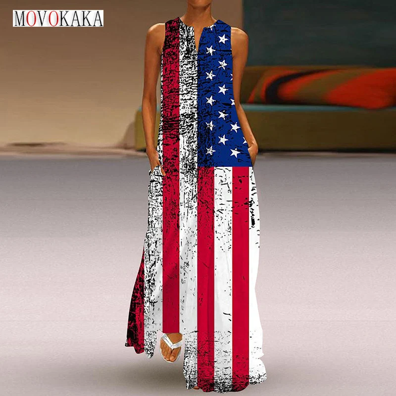 MOVOKAKA Ladies Spring Summer Long Dress Sleeveless V-neck Striped Print Beach Dresses Elegant Casual Loose Maxi Dress For Women
MOVOKAKA Ladies Spring Summer Long Dress Sleeveless V-neck Striped Print Beach Dresses Elegant Casual Loose Maxi Dress For Women