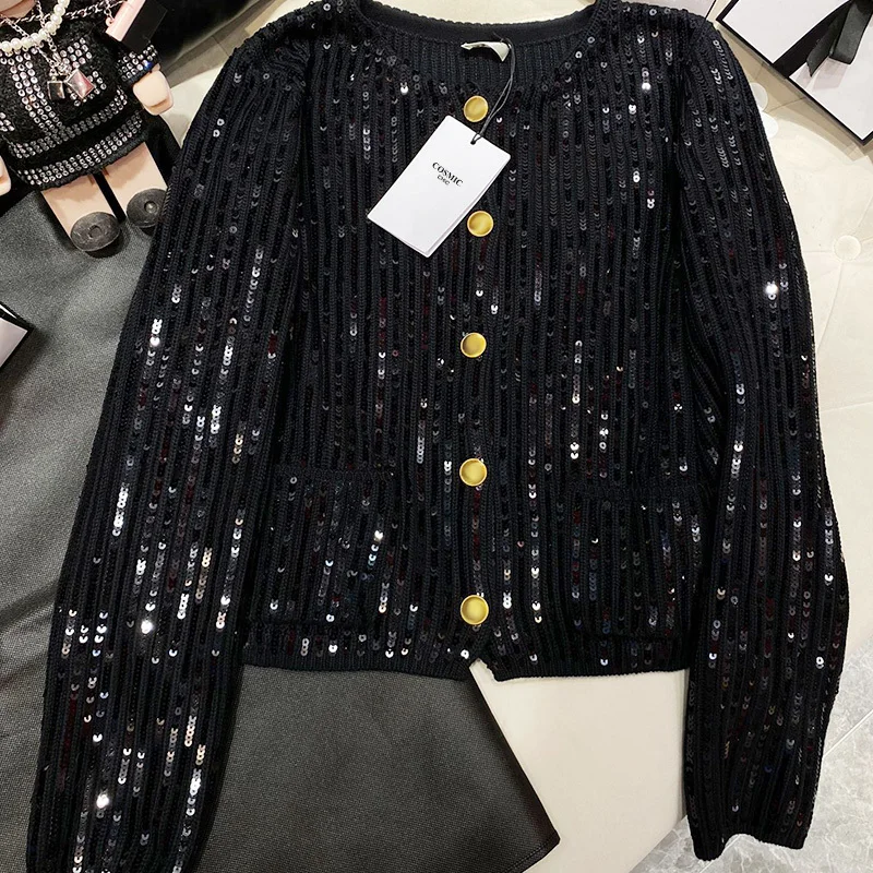 Fashion Sequins Knitted Cardigan Women 2023 Runway Gold Single Breasted Black Jacket Knitwear Tops Elegant Lady Office Clothes
Fashion Sequins Knitted Cardigan Women 2023 Runway Gold Single Breasted Black Jacket Knitwear Tops Elegant Lady Office Clothes