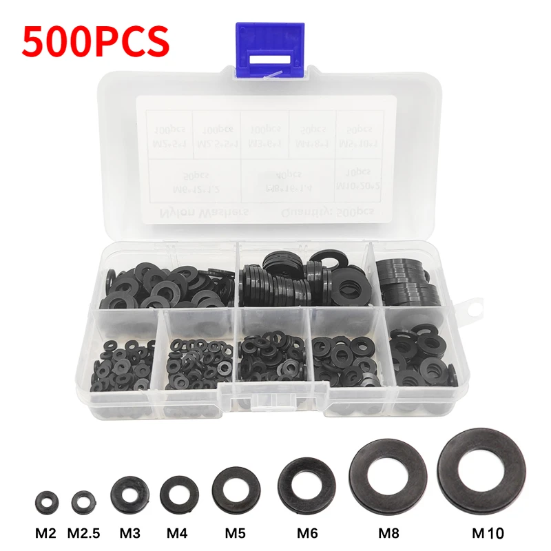 500Pcs/Box M2 M2.5 M3 M4 M5 M6 M8 M10 Black Plastic Nylon Washer Flat Spacer Washer Seals Gasket O Ring Assortment Kit
500Pcs/Box M2 M2.5 M3 M4 M5 M6 M8 M10 Black Plastic Nylon Washer Flat Spacer Washer Seals Gasket O Ring Assortment Kit