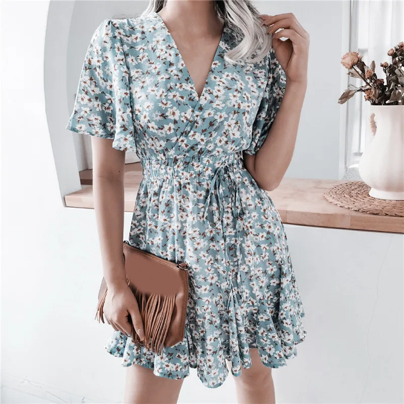 Women Dresses Summer Sexy V Neck Floral Print Boho Beach Dress Ruffle Short Sleeve A Line Mini Dress Wrap Sundress Robe
Women Dresses Summer Sexy V Neck Floral Print Boho Beach Dress Ruffle Short Sleeve A Line Mini Dress Wrap Sundress Robe