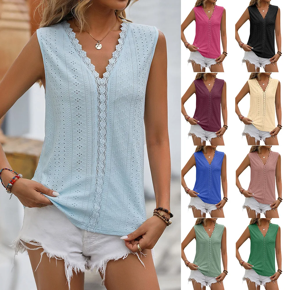 Summer New European and American Women's Fashion Solid Color Hole Lace V-Neck Sleeveless Top Tank Top hot tops for women
Summer New European and American Women's Fashion Solid Color Hole Lace V-Neck Sleeveless Top Tank Top hot tops for women