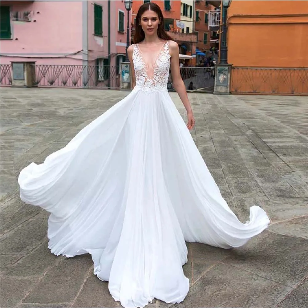 Simple Bride Gowns For Women Modern Deep V-Neck Lace Applique Wedding Dresses Chiffon Sleeveless Sweep Train Vestido De Noiva
Simple Bride Gowns For Women Modern Deep V-Neck Lace Applique Wedding Dresses Chiffon Sleeveless Sweep Train Vestido De Noiva