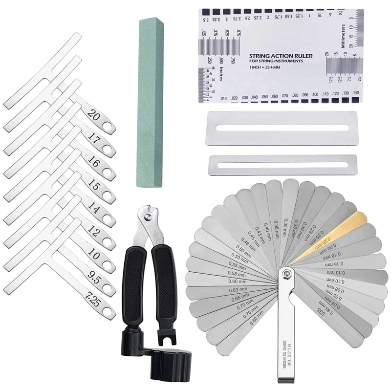 Guitar Bass Luthier Tool Kit Set 9PCS Understring Radius Gauge + Steel Feeler Gauge + String Action Gauge Ruler + String Cutter
Guitar Bass Luthier Tool Kit Set 9PCS Understring Radius Gauge + Steel Feeler Gauge + String Action Gauge Ruler + String Cutter