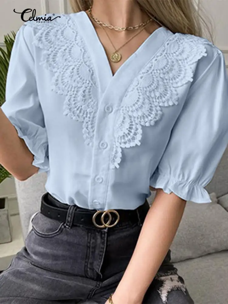 Celmia Casual Solid Color Workplace Chemise Fashion Women Blouses Summer Elegant Short Puff Sleeve Lace Stitching Shirts V Neck
Celmia Casual Solid Color Workplace Chemise Fashion Women Blouses Summer Elegant Short Puff Sleeve Lace Stitching Shirts V Neck