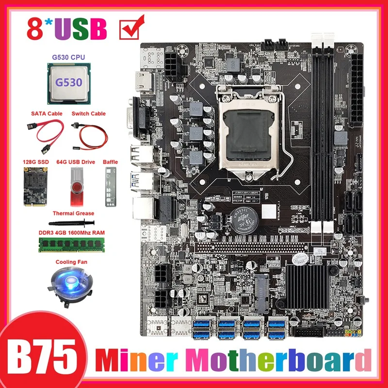 Материнская плата B75 ETH для майнинга 8xusb + G530 CPU + DDR4 4G RAM + 128G SSD + 64G USB драйвер + вентилятор + SATA кабель + переключатель + термопаста
Материнская плата B75 ETH для майнинга 8xusb + G530 CPU + DDR4 4G RAM + 128G SSD + 64G USB драйвер + вентилятор + SATA кабель + переключатель + термопаста