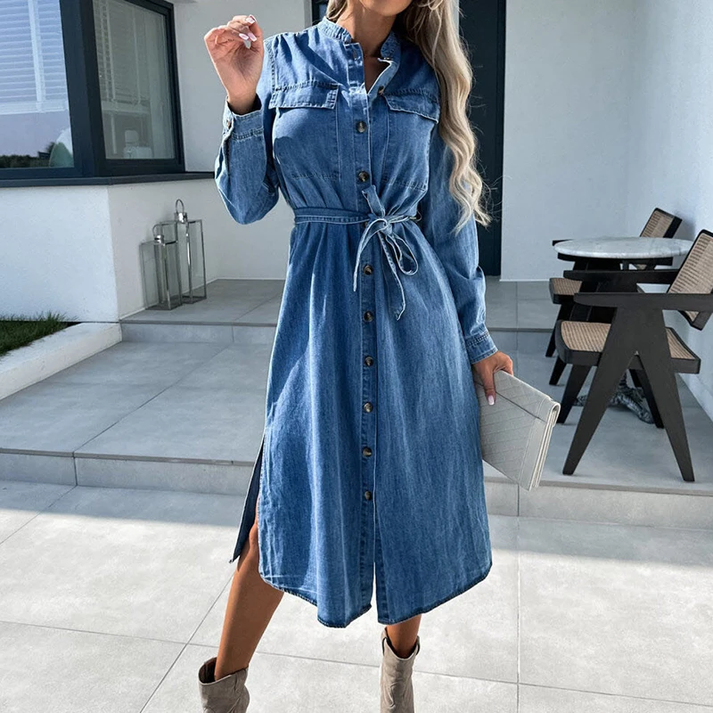 Commuter Lady Elegant Solid Denim Dress Spring Stand Collar Button Lace-up Long Dress Autumn Long Sleeve Split Women Party Dress
Commuter Lady Elegant Solid Denim Dress Spring Stand Collar Button Lace-up Long Dress Autumn Long Sleeve Split Women Party Dress