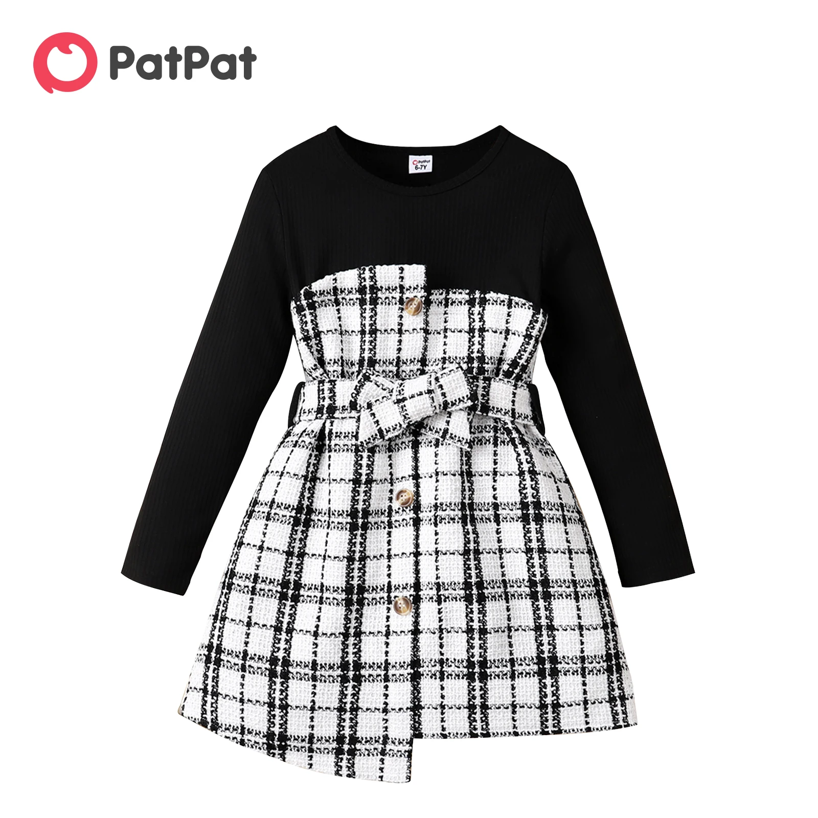 

PatPat Kid Girl Dresses Plaid Tweed Splice Button Design Irregular Hem Long-sleeve Dress