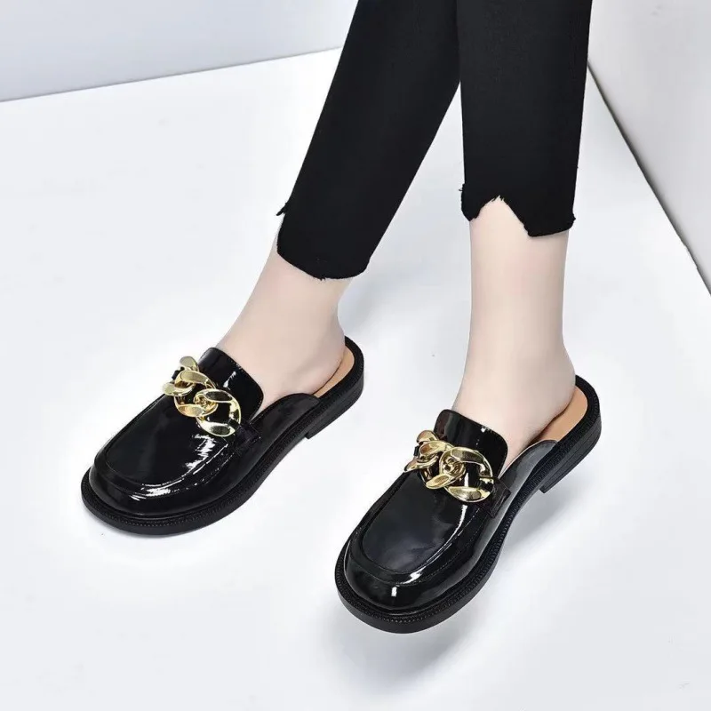 Women's Loafers Summer Genuine Leather British Style Ladies Shoes Horsebit Casual Outdoor Baotou Half Slippers Zapatillas Mujer 
Women's Loafers Summer Genuine Leather British Style Ladies Shoes Horsebit Casual Outdoor Baotou Half Slippers Zapatillas Mujer