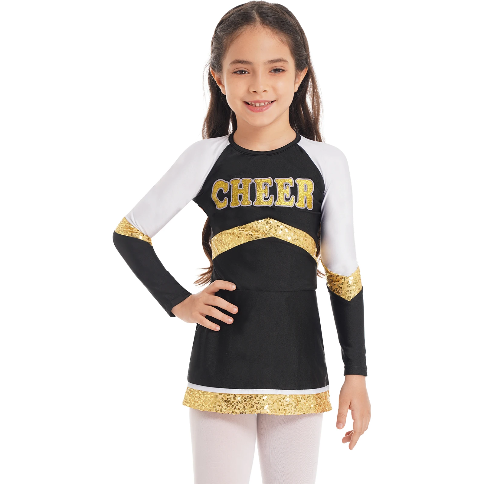 Kids Girls Cheerleading Uniform Dance Costume Long Sleeve Glitter Sequin Adorned Keyhole Back Cheer Dress with Underwear Set
Kids Girls Cheerleading Uniform Dance Costume Long Sleeve Glitter Sequin Adorned Keyhole Back Cheer Dress with Underwear Set