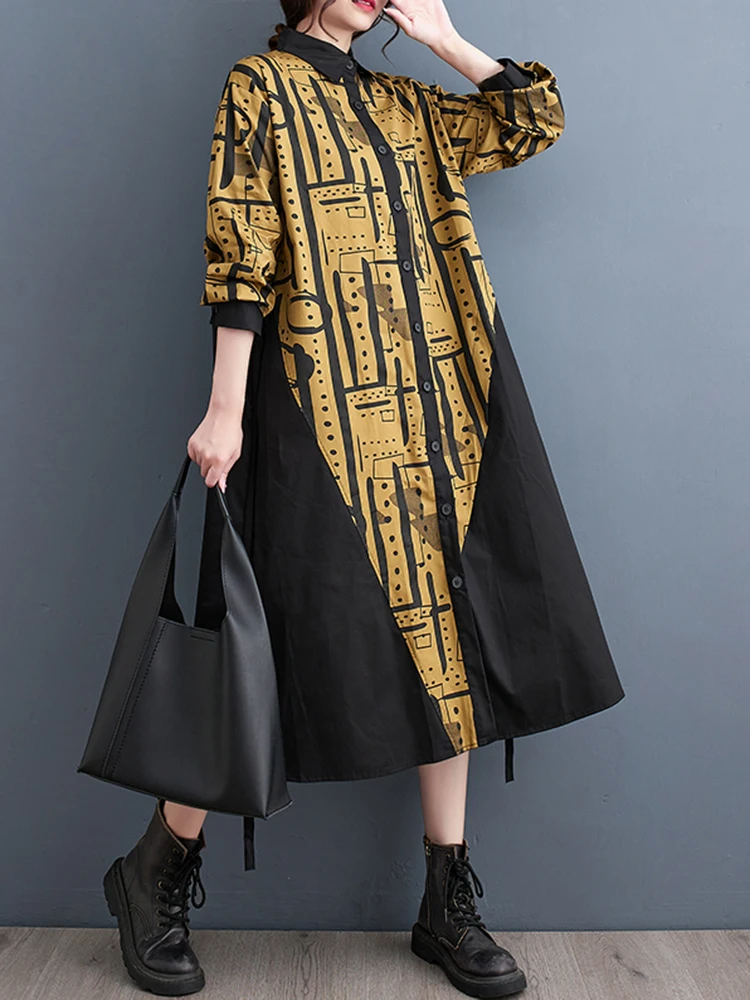 

XITAO свободное платье-рубашка с принтом модное лоскутное контрастное цветное однобортное женское осеннее Новое поступление Повседневное платье HQQ1350