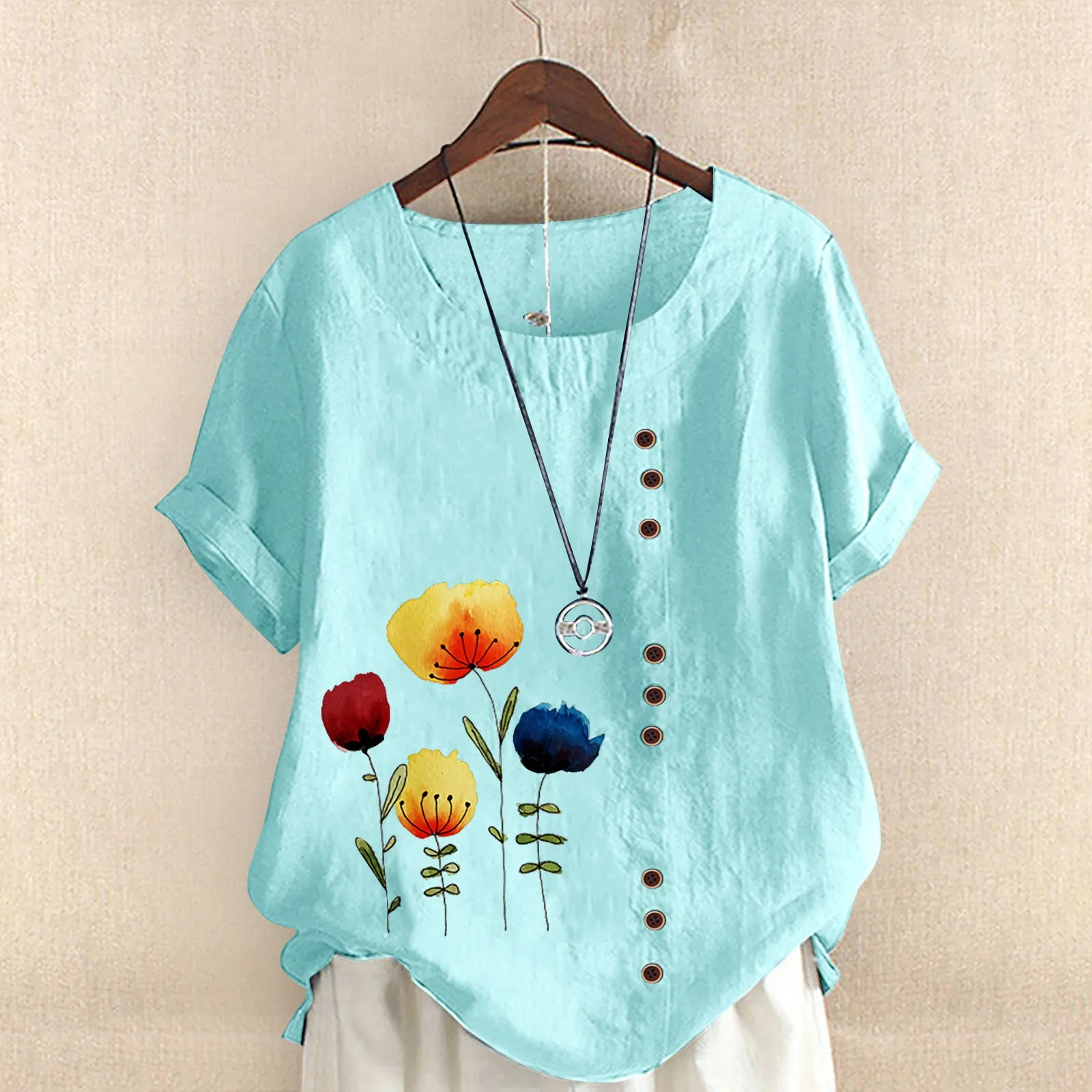 Women's Printed Round Neck Raglan Sleeve Hem Slit Loose Short Sleeve Button Decoration Shirt underneath Shirts for Women
Women's Printed Round Neck Raglan Sleeve Hem Slit Loose Short Sleeve Button Decoration Shirt underneath Shirts for Women