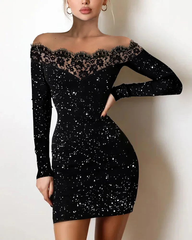 Off Shoulder Contrast Lace Glitter Bodycon Dress Women High Waist Slash Neck Sexy Party Mini Dress
Off Shoulder Contrast Lace Glitter Bodycon Dress Women High Waist Slash Neck Sexy Party Mini Dress