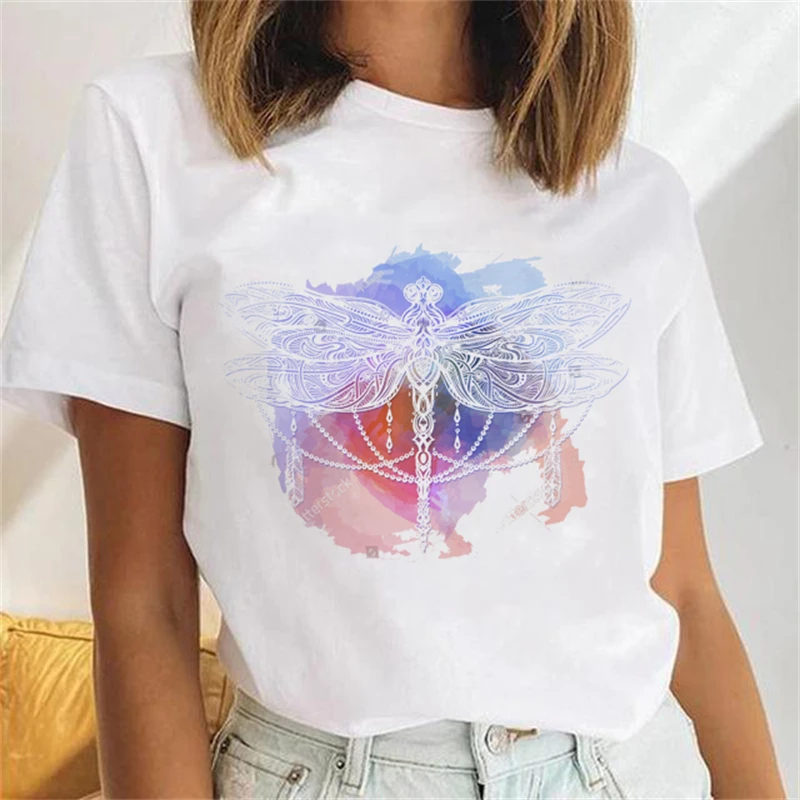 

Multicolored dragonfly Print Tshirt Hamsa Hand Casual Ladies Fashion Female Graphic Tee Women Print Summer T Clothing T-shirts