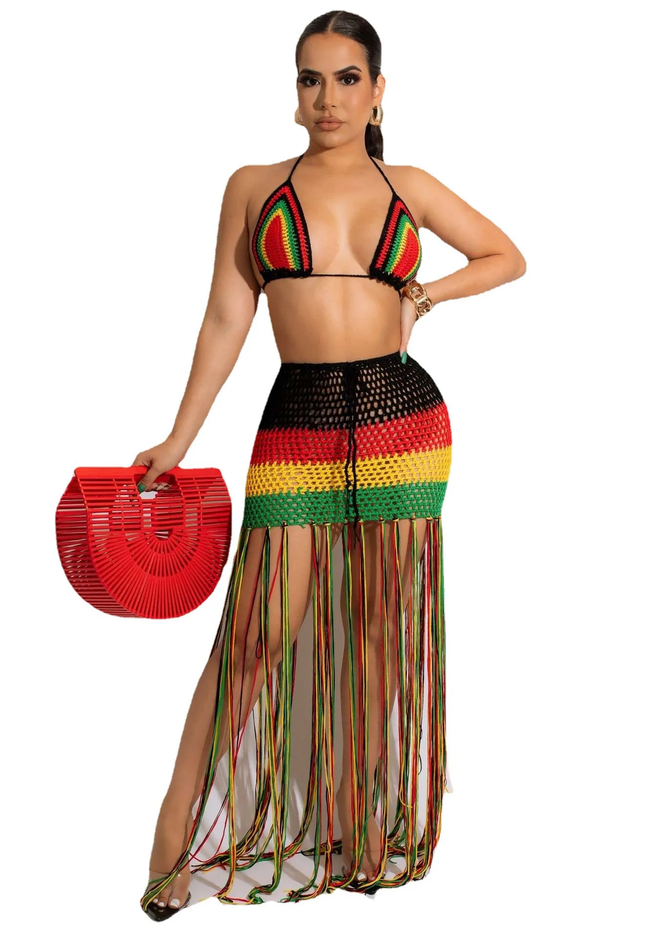 Summer Beach Style Two Piece Set Backless Halter Crop Top Skirt Tassels Mini Contrast Color Patchwork Handmade Crochet Dress
Summer Beach Style Two Piece Set Backless Halter Crop Top Skirt Tassels Mini Contrast Color Patchwork Handmade Crochet Dress