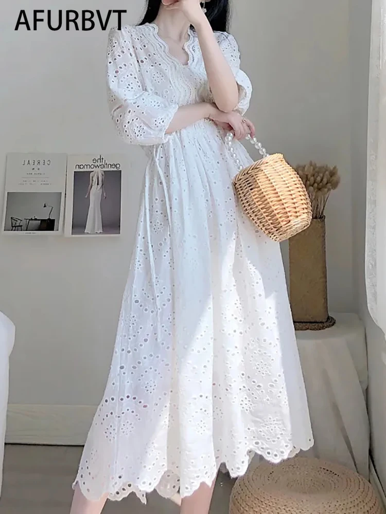 New Summer Solid Lady Full Dress A Line Lace V Neck Three Quarter Puff Sleeve Button Women Mid-Calf Dresses White
New Summer Solid Lady Full Dress A Line Lace V Neck Three Quarter Puff Sleeve Button Women Mid-Calf Dresses White