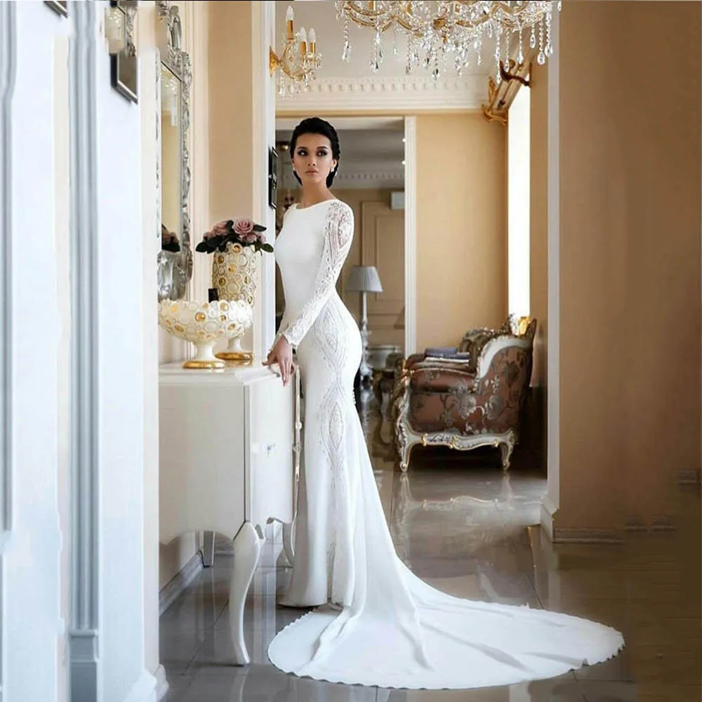 Classic Wedding Dress For Women O-Neck Zipper Full Sleeves Bride Gown Jersey Trumpet Sweep Train Lace Applique Vestido De Noiva
Classic Wedding Dress For Women O-Neck Zipper Full Sleeves Bride Gown Jersey Trumpet Sweep Train Lace Applique Vestido De Noiva