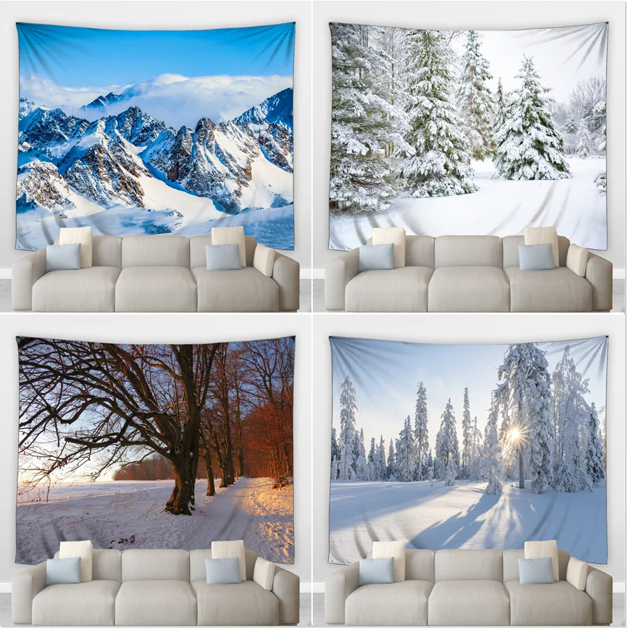 

Home Decoration of Winter Forest Waterfall Birch Green Pine Trees White Snow Mountain Printing Polyester Policy tapiz