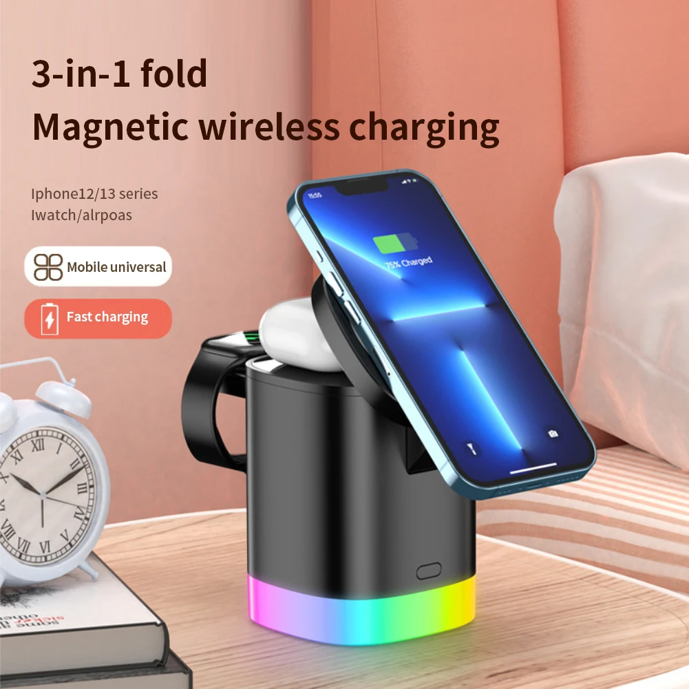 Magnetic Wireless Charger Fast Charging Stand Dock Folding For Iphone 14 13 12 Max 3-in-1 Charging Station With Rgb Light
Magnetic Wireless Charger Fast Charging Stand Dock Folding For Iphone 14 13 12 Max 3-in-1 Charging Station With Rgb Light