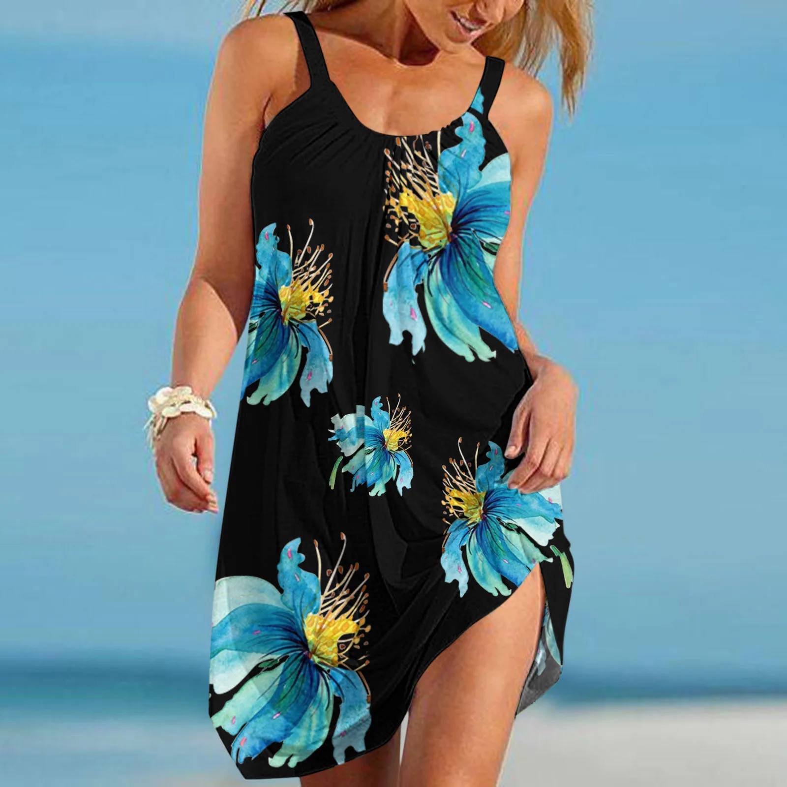 

Платье-миди женское с цветочным принтом, модный пляжный сарафан на бретелях в богемном стиле, пикантное черное в стиле бохо, без рукавов, с подолом, пляжная одежда