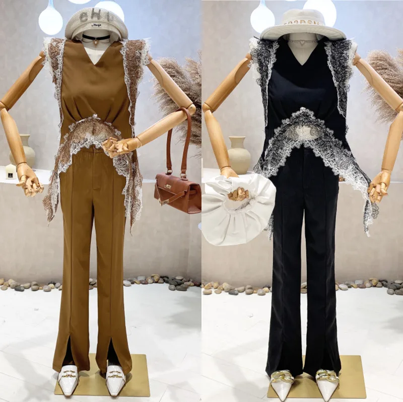 New Women's Clothing 2022 Summer Fashion V-neck lace stitching irregular top high waist slit micro flare Pants two-piece set
New Women's Clothing 2022 Summer Fashion V-neck lace stitching irregular top high waist slit micro flare Pants two-piece set