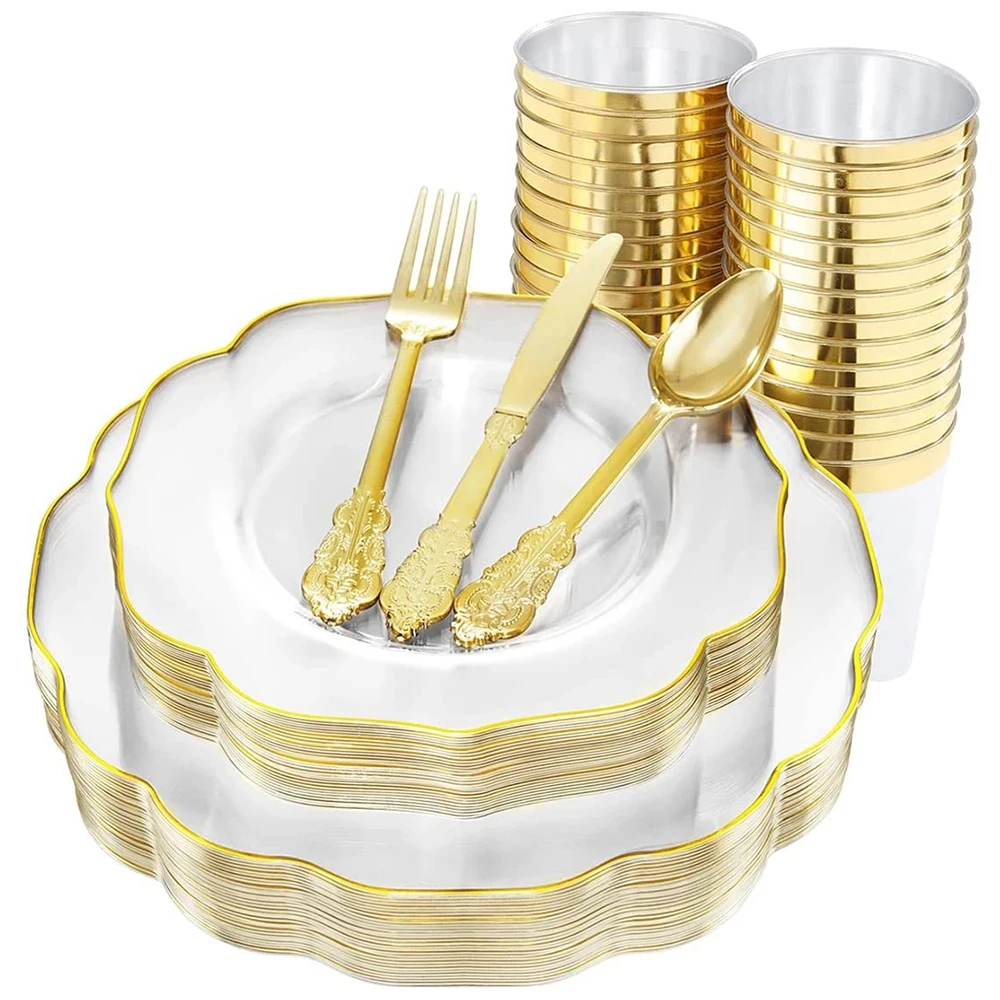 60Pcs Disposable Tableware Transparent Flower Petal Shape Gold Rim Plastic Plate Cup Silverware Birthday Wedding Party Supplies
60Pcs Disposable Tableware Transparent Flower Petal Shape Gold Rim Plastic Plate Cup Silverware Birthday Wedding Party Supplies