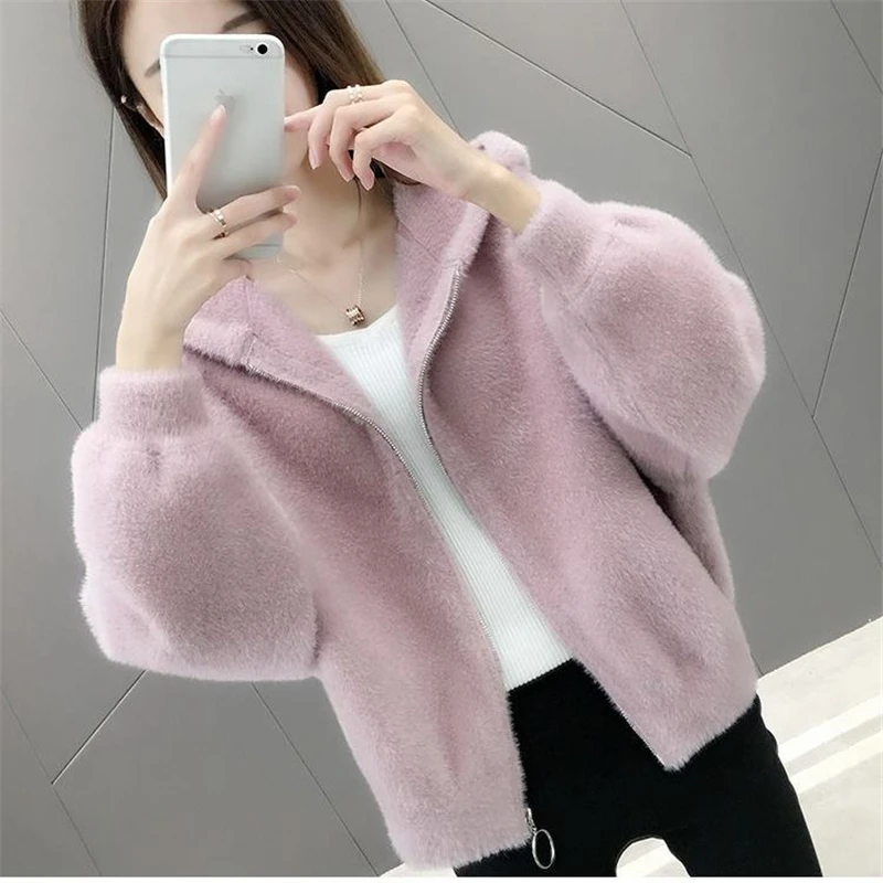 Women Spring Hooded Zipper Knitted Jackets Imitation Mink Cashmere Korean Sweaters Cardigan Solid Color Loose Short Outwear Tops
Women Spring Hooded Zipper Knitted Jackets Imitation Mink Cashmere Korean Sweaters Cardigan Solid Color Loose Short Outwear Tops