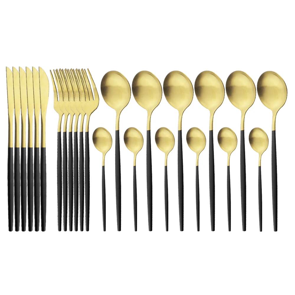 24Pcs Matte Stainless Steel Cutlery Set Dinnerware Set Black Gold Knife Fork Spoon Silverware Kitchen Party Dinner Flatware Set
24Pcs Matte Stainless Steel Cutlery Set Dinnerware Set Black Gold Knife Fork Spoon Silverware Kitchen Party Dinner Flatware Set