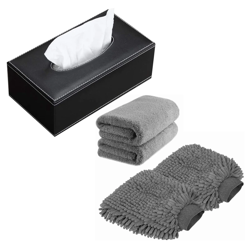 

1 Set Premium Chenille Microfiber Wash Glove And Microfiber Towels & 1 Pcs Leather Tissue Box Cover