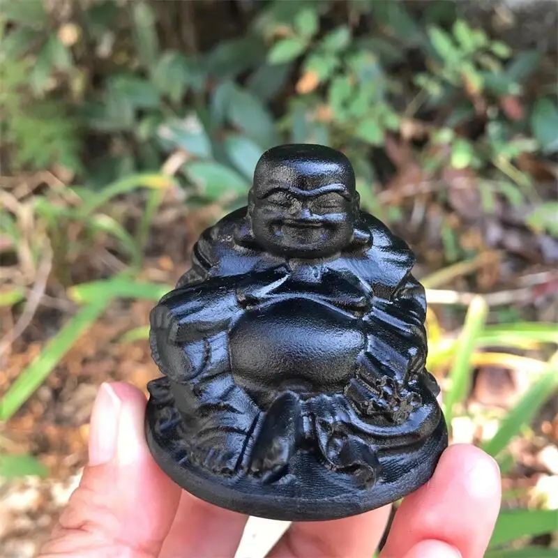 

Natural Gemstone Black Obsidian Maitreya Buddha And Healing Crystals Craft Carved Statue for Home Decoration 1pcs