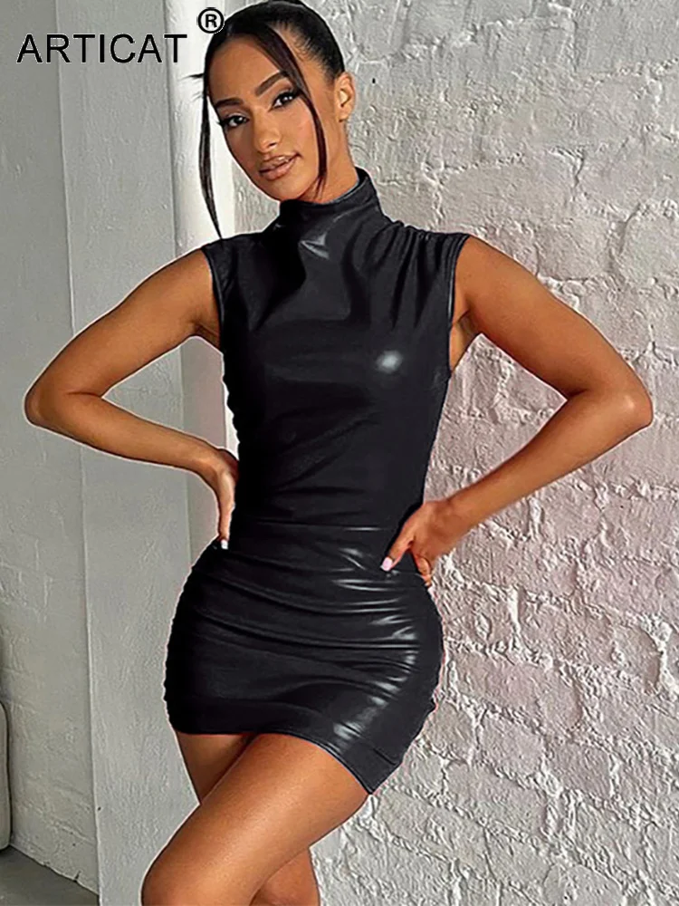 Articat Sexy Leather Ruched Mini Dress O-Neck Solid Color Vest Wrap Skirt Slim Evening Dress Half High Collar Bodycon Partywear
Articat Sexy Leather Ruched Mini Dress O-Neck Solid Color Vest Wrap Skirt Slim Evening Dress Half High Collar Bodycon Partywear