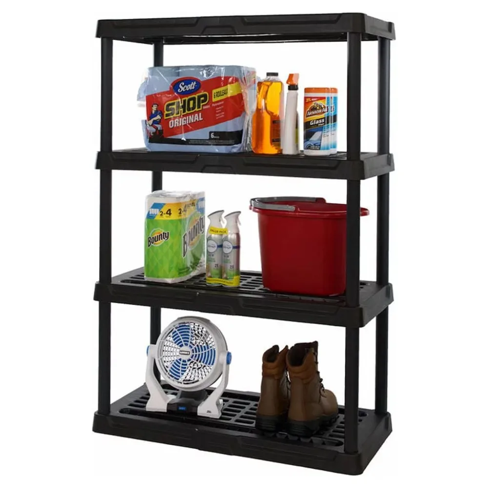 4 Tier 18" x 36"x 53" Ventilated Plastic Storage Shelf Unit, 600 lbs. Capacity, Black Unit Garage Shelves Rack Storag
4 Tier 18" x 36"x 53" Ventilated Plastic Storage Shelf Unit, 600 lbs. Capacity, Black Unit Garage Shelves Rack Storag