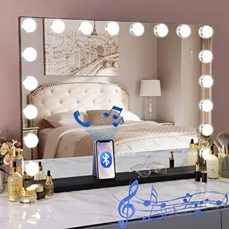 Bluetooth 18 LED Bulbs Large Lighting Cosmetic Vanity 3 Color Lighting Modes Makeup Mirror with USB Charging Port
Bluetooth 18 LED Bulbs Large Lighting Cosmetic Vanity 3 Color Lighting Modes Makeup Mirror with USB Charging Port