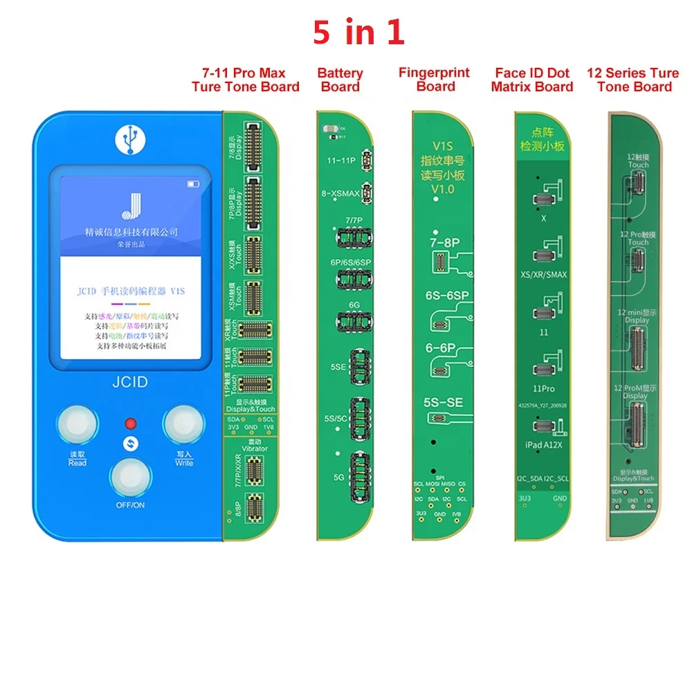 JC V1S 5 in 1 for Phone 7- 12Pro MAX Screen / Battery Code / Fingerprint Serial Number Code Reading Programmer JC Dot Matrix
JC V1S 5 in 1 for Phone 7- 12Pro MAX Screen / Battery Code / Fingerprint Serial Number Code Reading Programmer JC Dot Matrix
