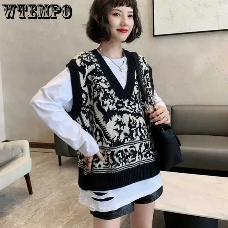 Свитер WTEMPO, жилет, Женский винтажный свитер в стиле Харадзюку С V-образным вырезом, в Корейском стиле, Женская Повседневная Свободная Элегантная трикотажная одежда в стиле ольччан, пуловеры
Свитер WTEMPO, жилет, Женский винтажный свитер в стиле Харадзюку С V-образным вырезом, в Корейском стиле, Женская Повседневная Свободная Элегантная трикотажная одежда в стиле ольччан, пуловеры