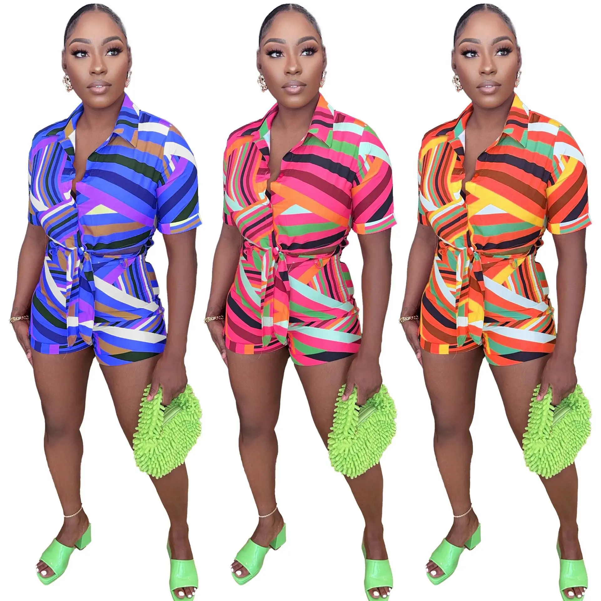 Striped Print Patchwork Turn Down Collar Crop Top Shirt Lace Up Shirts and Shorts Two Piece Set Streetwear Summer Outfit
Striped Print Patchwork Turn Down Collar Crop Top Shirt Lace Up Shirts and Shorts Two Piece Set Streetwear Summer Outfit