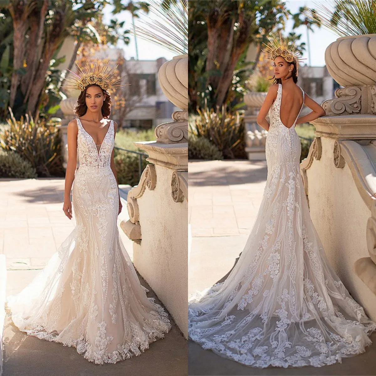 High Fashion Mermaid Lace V Neckline Bridal Gowns Open Back Sleeveless Wedding Dresses For Bride Robes Appliqued On Sale
High Fashion Mermaid Lace V Neckline Bridal Gowns Open Back Sleeveless Wedding Dresses For Bride Robes Appliqued On Sale