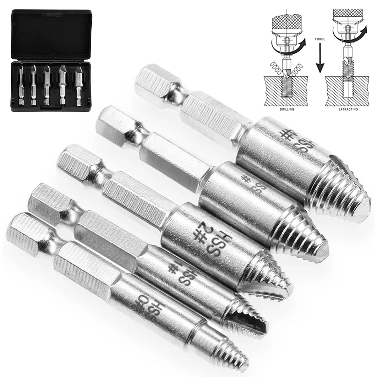 5pcs Damaged Screw Extractor Set High Speed Steel Stripped Screw Extractor Set Quickly Damaged Screw Bolt Extractor Kit with 1/4
5pcs Damaged Screw Extractor Set High Speed Steel Stripped Screw Extractor Set Quickly Damaged Screw Bolt Extractor Kit with 1/4