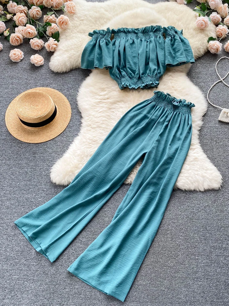 LY VAREY LIN New Summer Women Sexy Fashion Suits Slash Neck Short Tops+elastic Waist Wide Leg Pants Solid Color Two Piece Set
LY VAREY LIN New Summer Women Sexy Fashion Suits Slash Neck Short Tops+elastic Waist Wide Leg Pants Solid Color Two Piece Set
