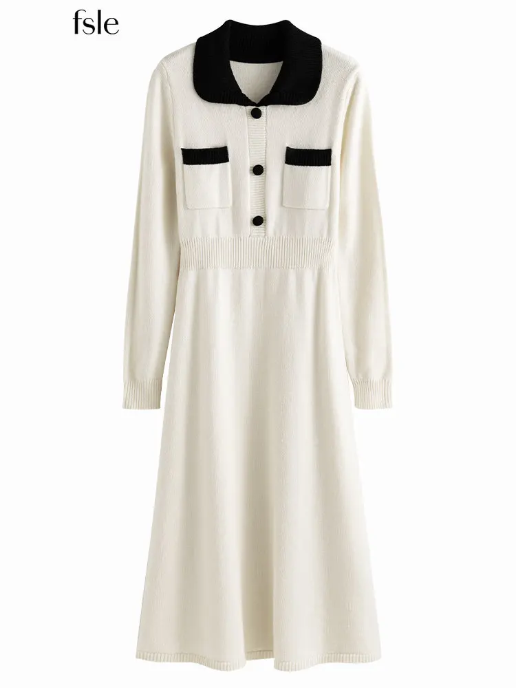 FSLE 14.5% Wool Pocket Decoration Single Breasted Winter Warm All-Match Solid Dress Contrast Doll Collar Women Long Knit Dress
FSLE 14.5% Wool Pocket Decoration Single Breasted Winter Warm All-Match Solid Dress Contrast Doll Collar Women Long Knit Dress