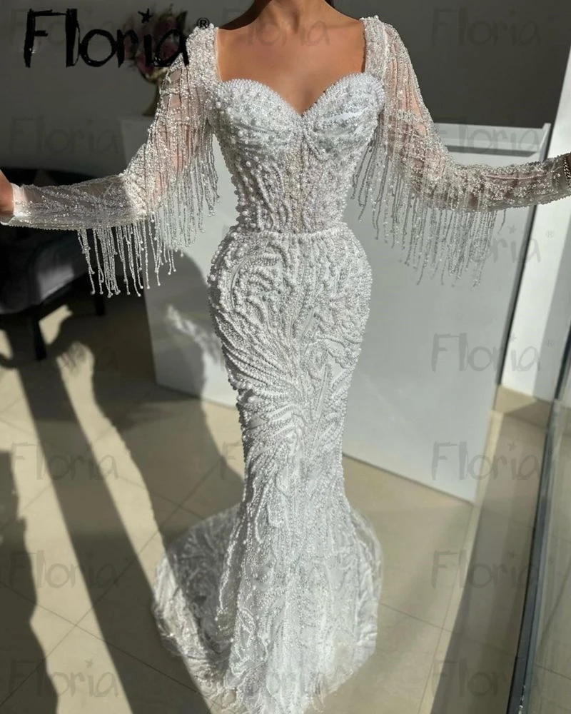 

Luxury White Full Beading Wedding Dress Pearls Tassel on Long Sleeve Bridal Gowns Customized Arabic Vintage Neck Mermaid Gowns