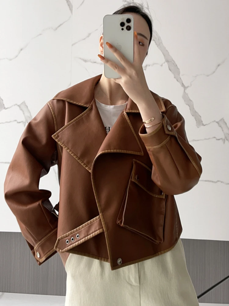 Куртка женская из ПУ кожи с отложным воротником, Уличная Повседневная Байкерская верхняя одежда в Корейском стиле, фиолетовая, свободного покроя 
Куртка женская из ПУ кожи с отложным воротником, Уличная Повседневная Байкерская верхняя одежда в Корейском стиле, фиолетовая, свободного покроя