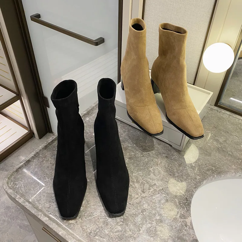 Flock Square Toe Women Ankle Boots Flock Sock Booties 2022 New Arrivals Beige Black Winter Autumn Thick High Heels Boots 35-40 
Flock Square Toe Women Ankle Boots Flock Sock Booties 2022 New Arrivals Beige Black Winter Autumn Thick High Heels Boots 35-40